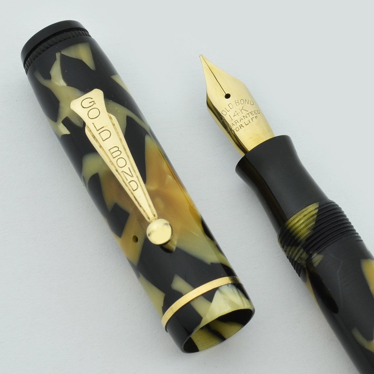 Gold Bond Flat Top Junior - Green w Black End Caps, Medium 14k Nib (Superior, Restored)