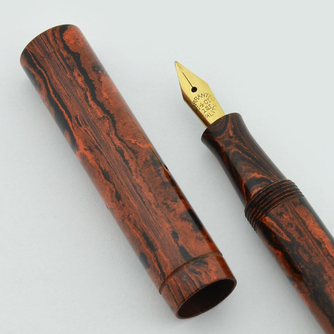 Rodor Fountain Pen (England) - Mottled Red Hard Rubber, Flexible Medium, Lever Filler (Excellent, Restored)