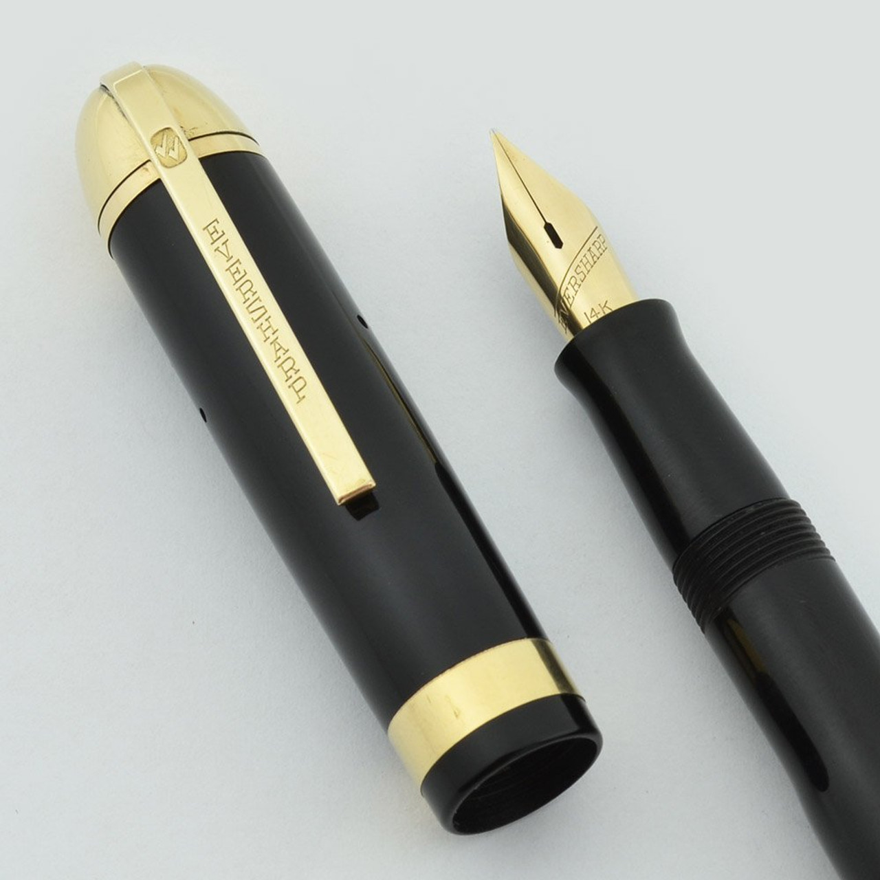 Eversharp Skyline Fountain Pen - New Old Stock, Black w Wide Band, Gold Derby, Medium Flexible Nib (NOS, Restored)
