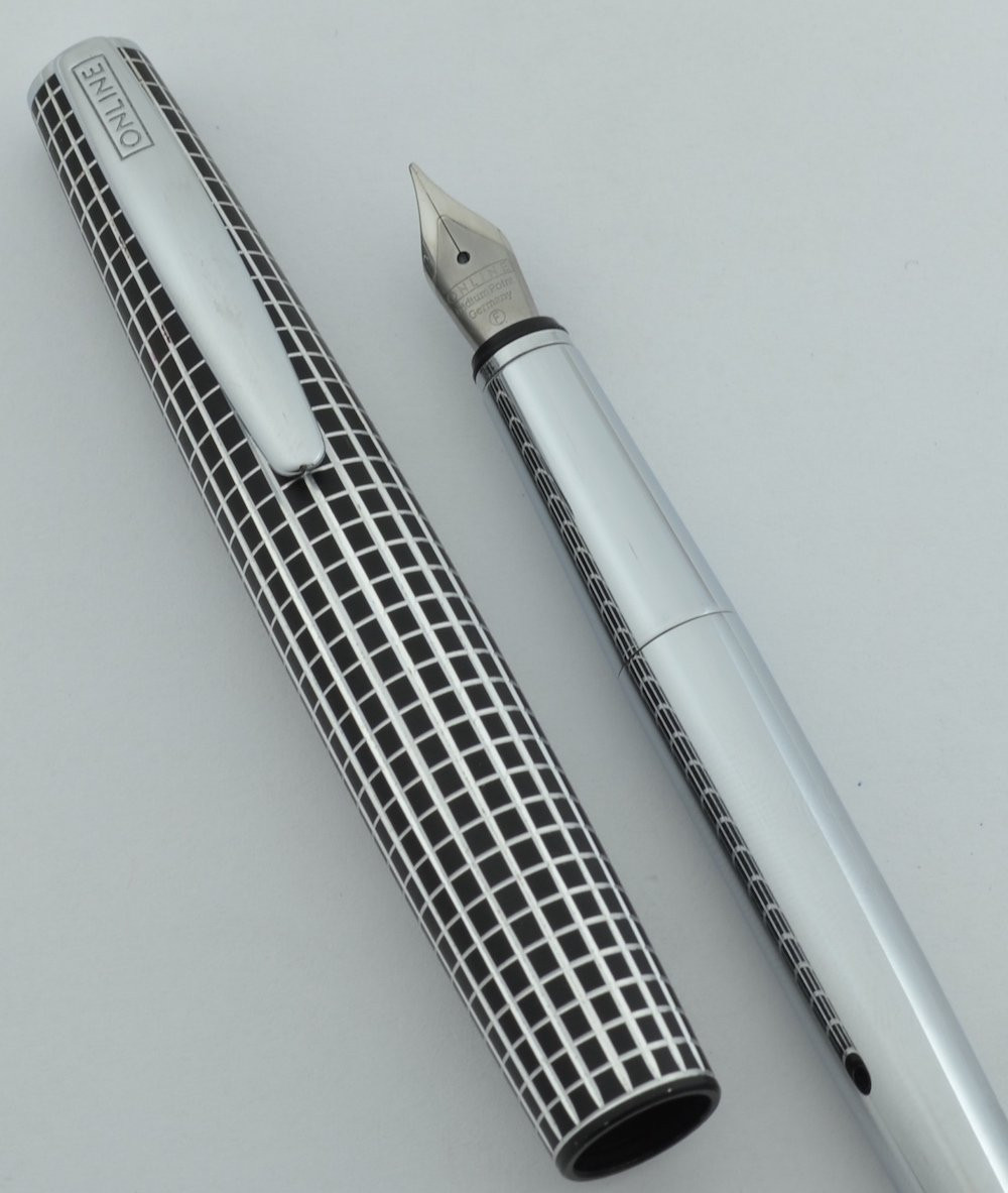 Online Globe Fountain Pen - Aluminum & Black Grid, Cartridge/Converter, Fine Nib (Near Mint)