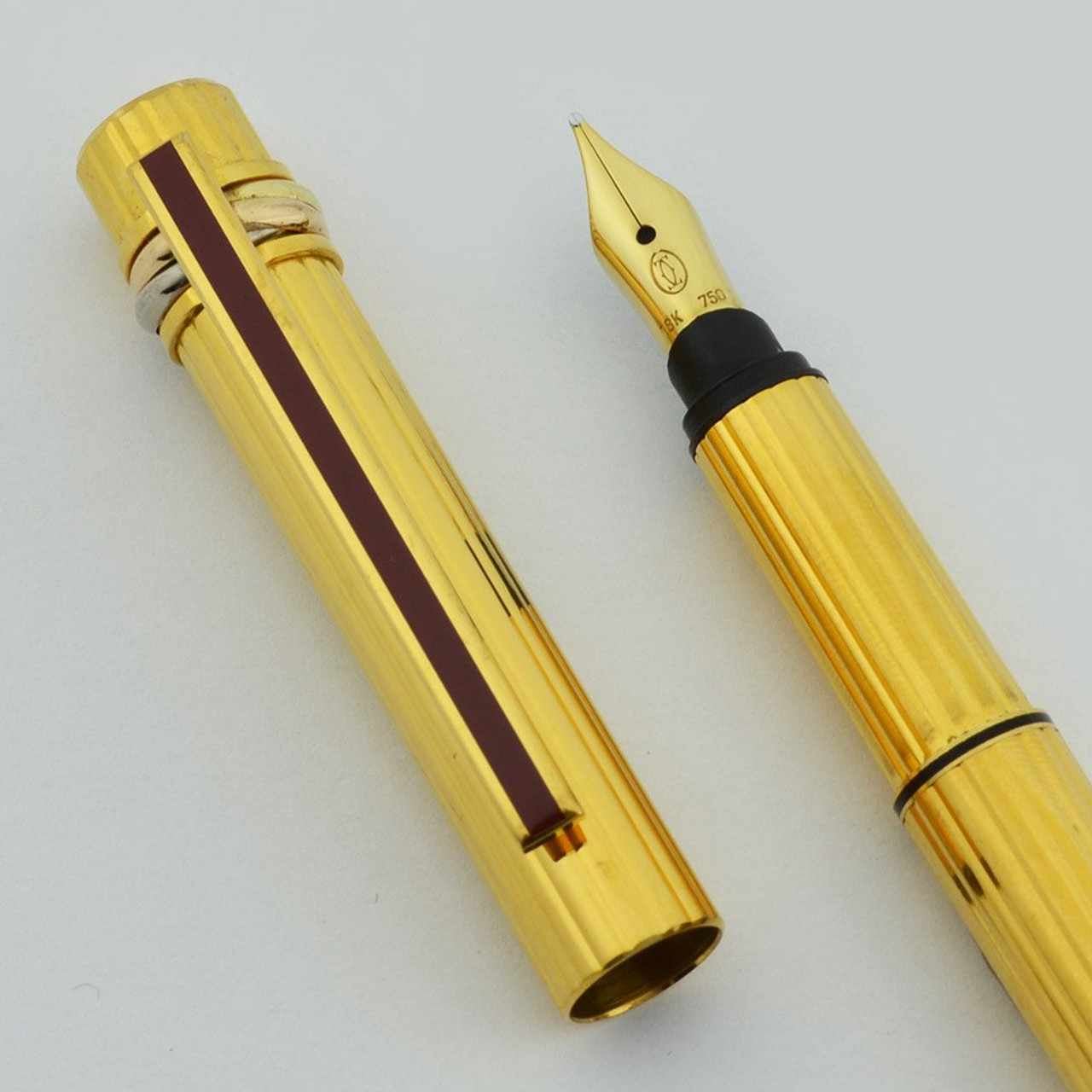 Cartier Must Trinity Fountain Pen - Full Size, Godron (Lined) Gold Plated, 18K Medium Nib (Excellent +, Works Well)
