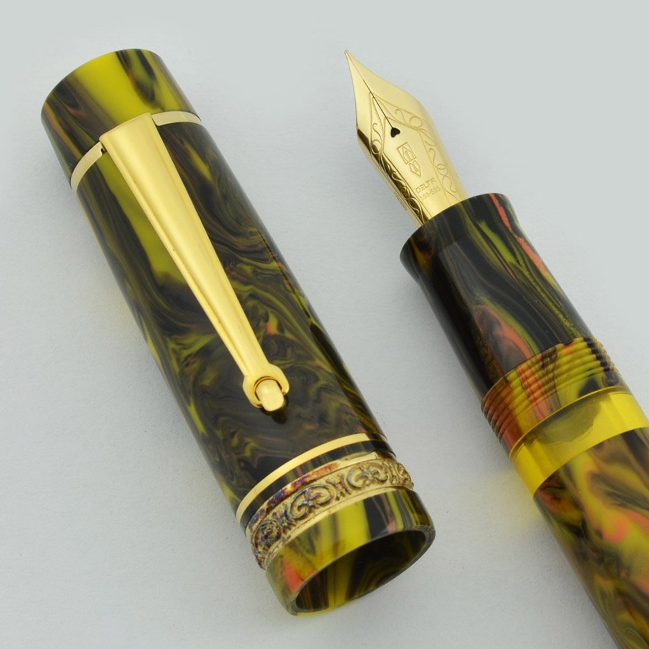 Delta Dolcevita Gallery Fountain Pen - Oversize Limited Edition, Multicolor Swirl Resin, Vermeil Trim, 14k Fine, Piston Fill (Near Mint in Box)