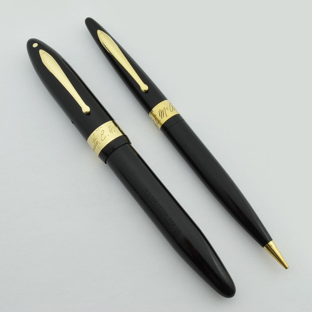 Sheaffer Balance Autograph Fountain Pen Set - Black, 14k Gold Bands and Trim, Extra Fine Nib (Excellent in Box, Restored)