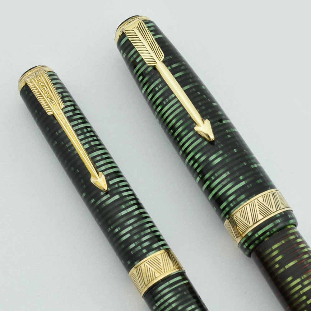 Parker Vacumatic (Slender) Maxima Fountain Set, 1937 - Double Jewel Speedline, Green, Fine  (Excellent, Restored)