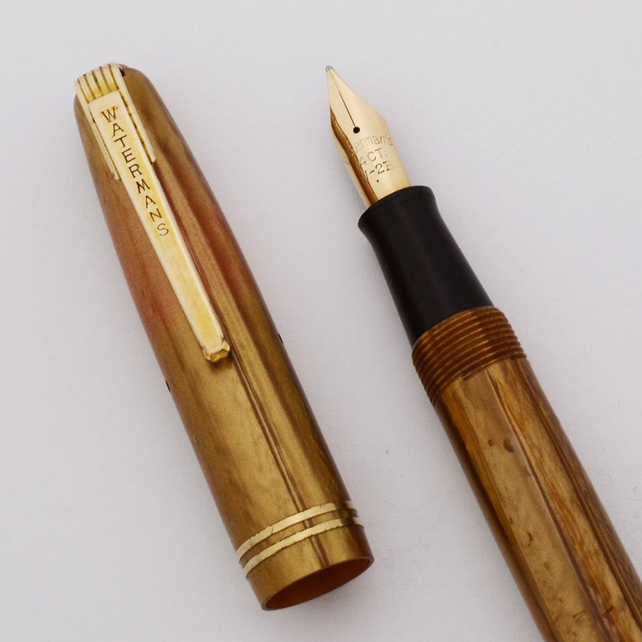 Waterman 503 Fountain Pen, England - Marbled Golden Brown, W-2B Medium 14K Nib (Excellent, Restored)