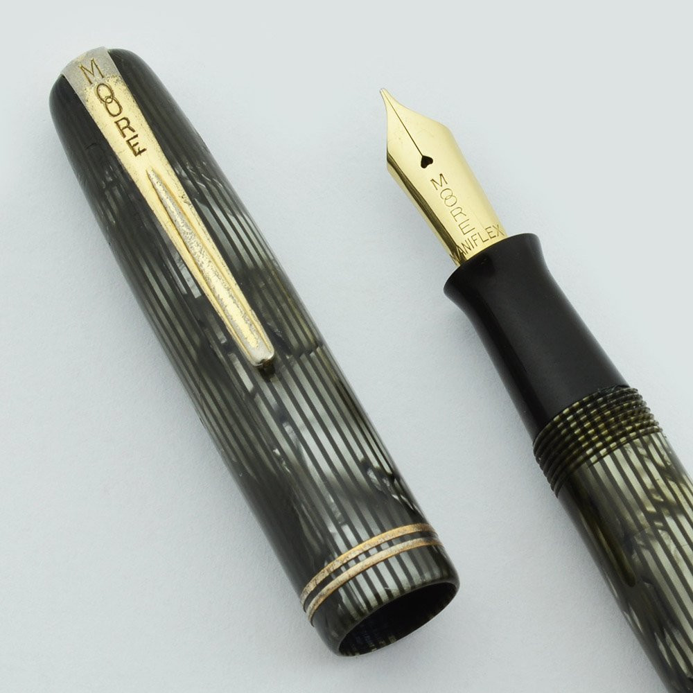 Moore Fountain Pen - 1940s, Striped Grey w Military Clip, Maniflex 14k Fine Nib (Very Nice, Restored)
