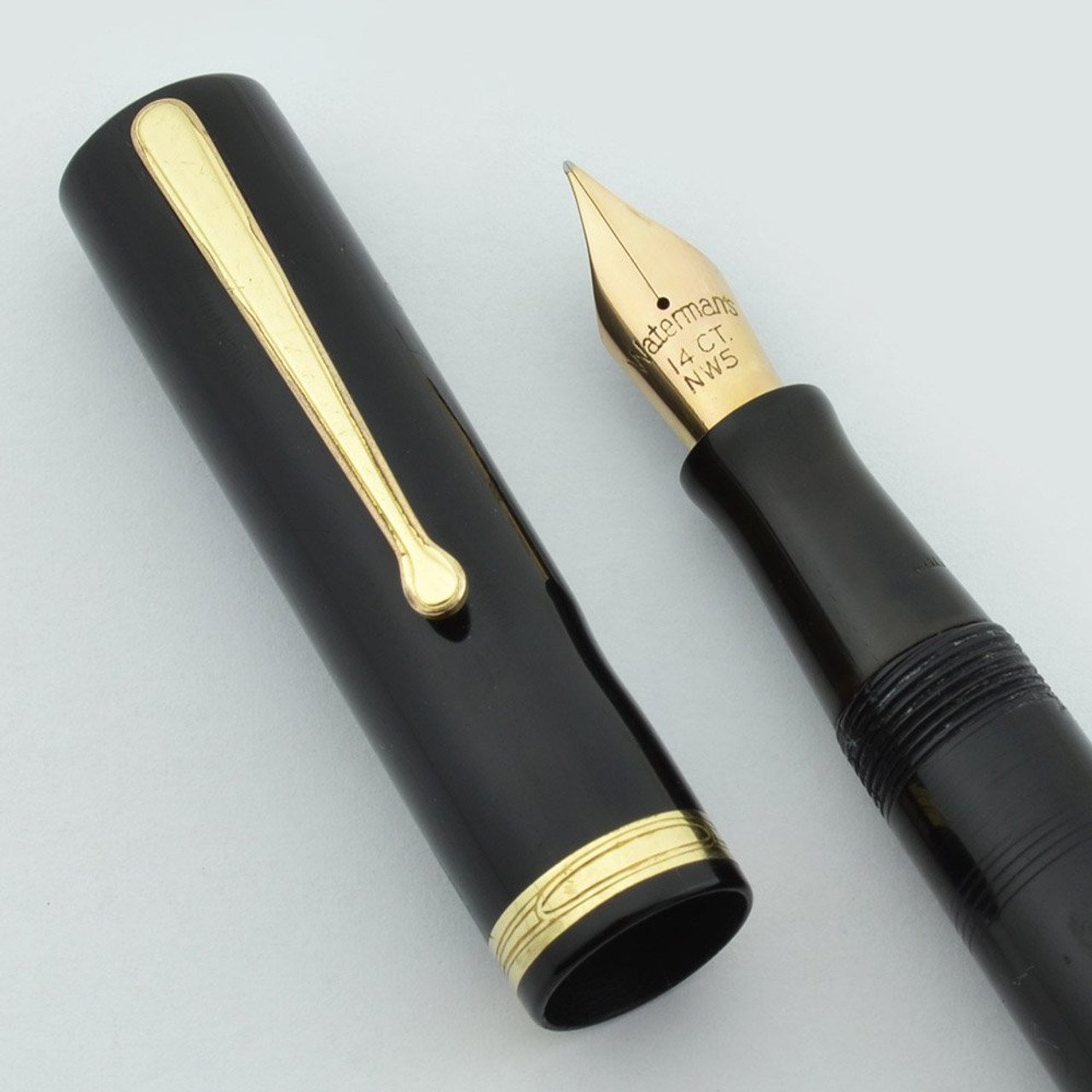 Waterman 5 Fountain Pen (Canada) -  Black Celluloid, 14k Flexible Medium Nib (Very Nice, Restored)