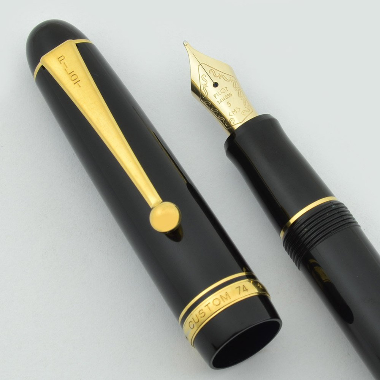 Pilot Namiki Custom 74 Fountain Pen - Black, Gold Trim, 14k Medium #5 Nib (Superior, Boxed)