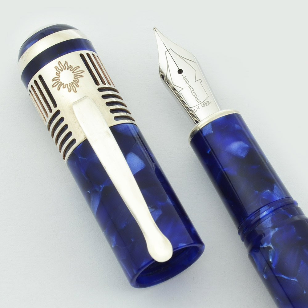 Levenger (Stipula) Sunset Fountain Pen - Blue Marble Silver Plated Trim, 14K Fine Nib (Excellent+, Works Well)