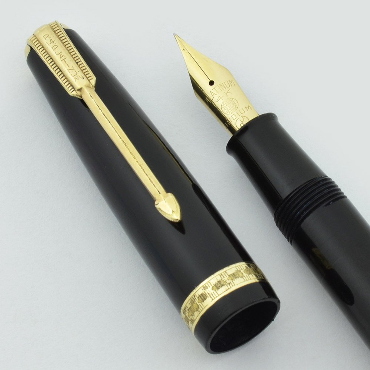 オーデン万年筆　R14K　1970年代　14KT　WODEN　FINE　PEN Platinum Special K14 Fountain Pen - 1970s, Black w Gold Trim