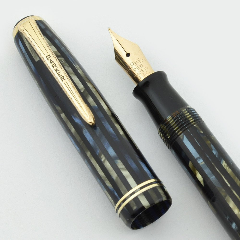 Parker Duovac Junior (1941) - Speedline Vacumatic , Blue Striped, Fine Nib (Excellent, Restored)