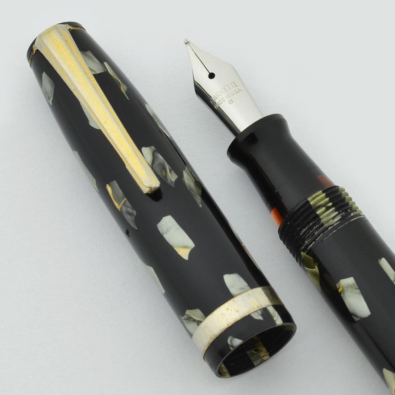 Unknown Lever Fountain Pen - Ebonized Pearl, Medium Steel Parkette Nib (Excellent, Restored)