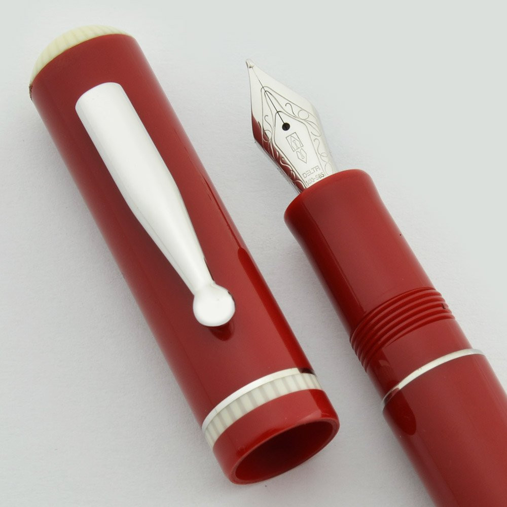 Delta Via Veneto Fountain Pen - Red w Platinum Trim, 14k Medium