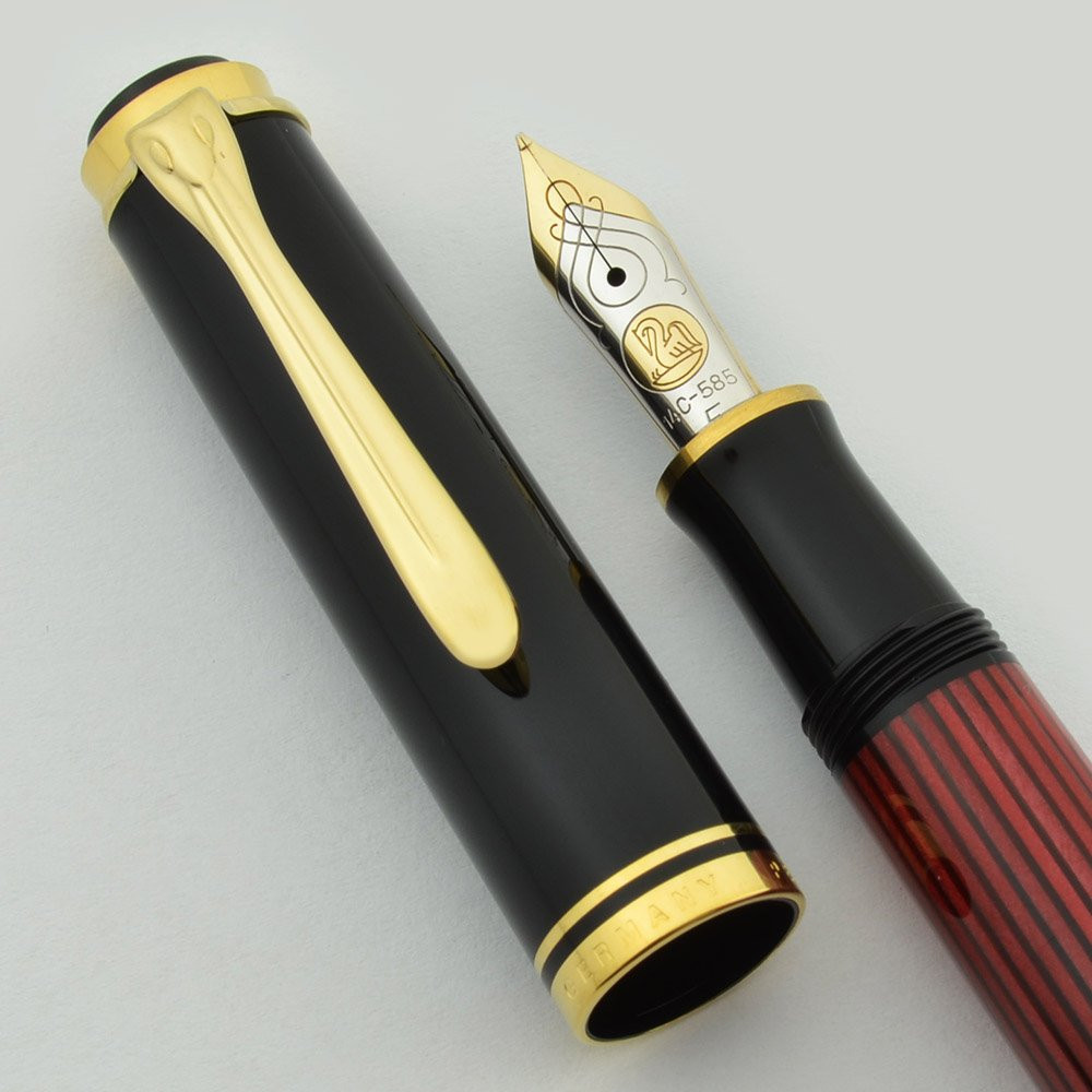 Pelikan M400 Fountain Pen - Black with Red Barrel, Fine 14k Nib (Near Mint in Box)