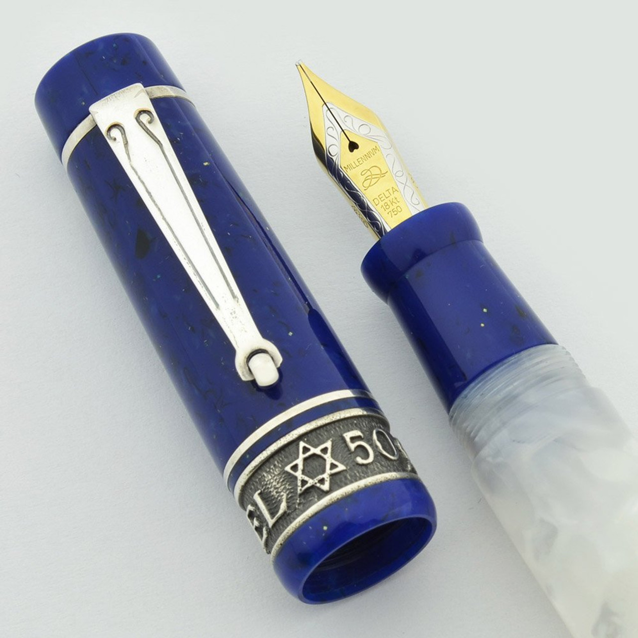 Delta Israel 50 LE Fountain Pen - White & Blue Resin, Sterling Trim, 18k Left Oblique (OM) Nib (Near Mint, Works Well)