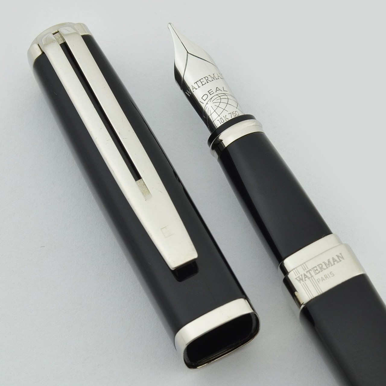Waterman Exception Slim Fountain Pen - Black Lacquer, Medium 18k Nib (Excellent in Box, Works Well)