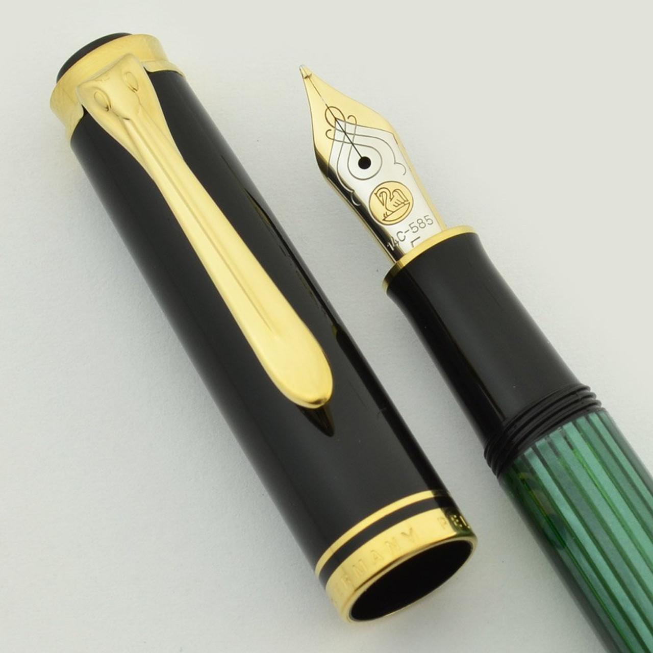 Pelikan M300 Souveran Fountain Pen - Black with Green Barrel, Small, Fine Nib (Near Mint, Works Well) - Peyton Pens