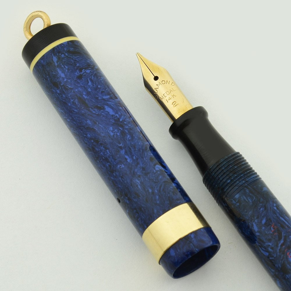 Diamond Medal Ring Top Fountain Pen –  Blue Marble w/ White Bands, Fine Subtle Italic 14k Nib (Very Nice, Restored)