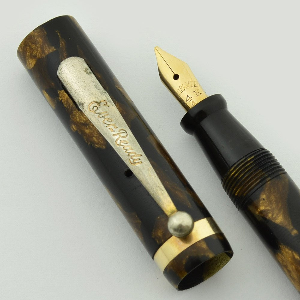 Ever-Ready Flat Top Fountain Pen - Jr. Size, Brown Marble, Semi-flex Stub Warranted #4 Nib (Very Nice, Restored)