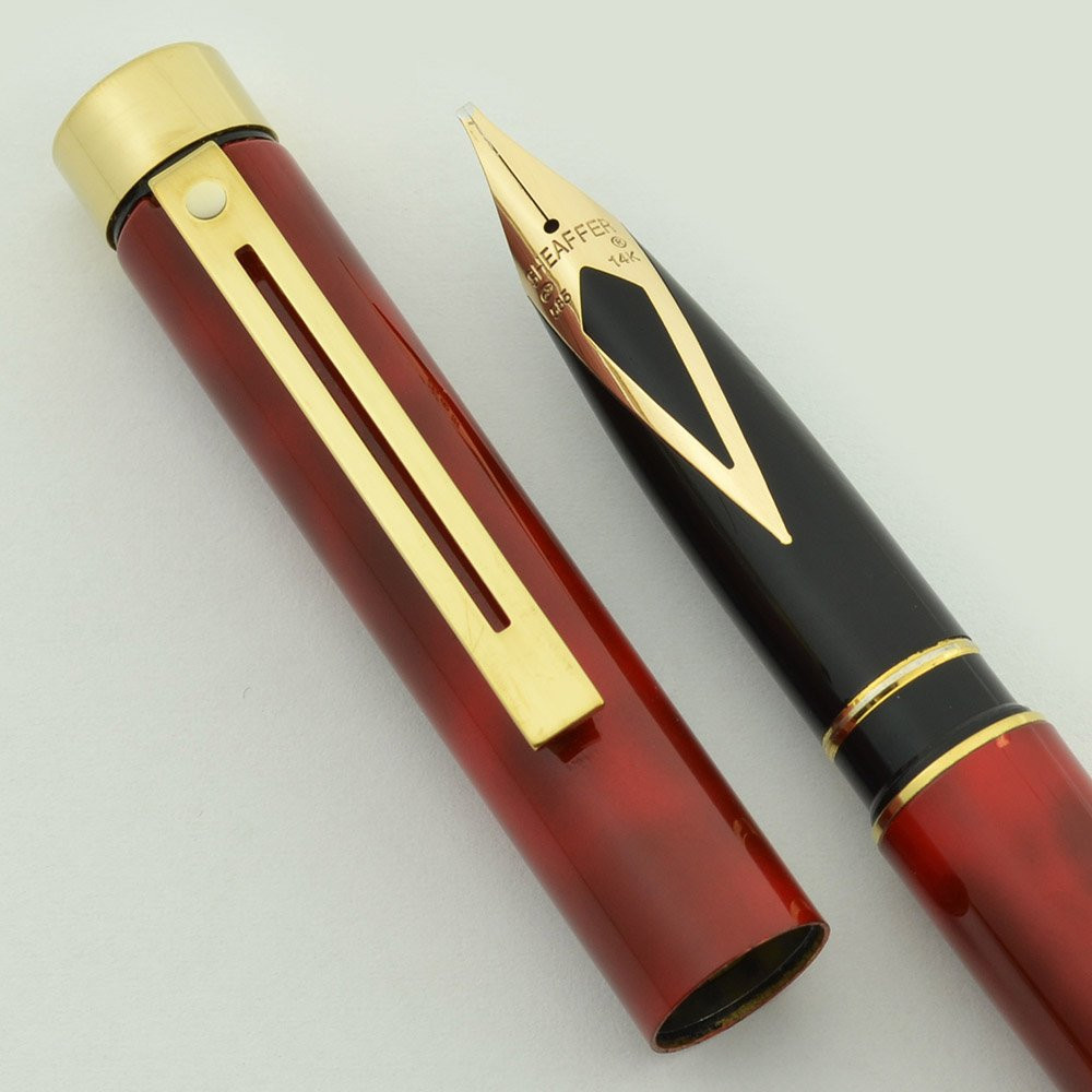 Sheaffer Targa 1184 Fountain Pen - Laque Red Marble, GP Trim, 14k Stub (Excellent, Works Well)