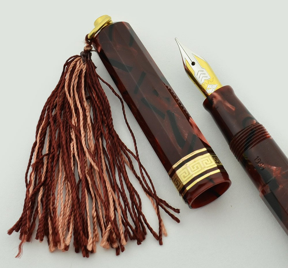 Omas Princess (Old Style) Fountain Pen -  Scarlet Red Celluloid w Gold Trim, 18k Fine Nib (Near Mint in Box, Works Well) - 12906