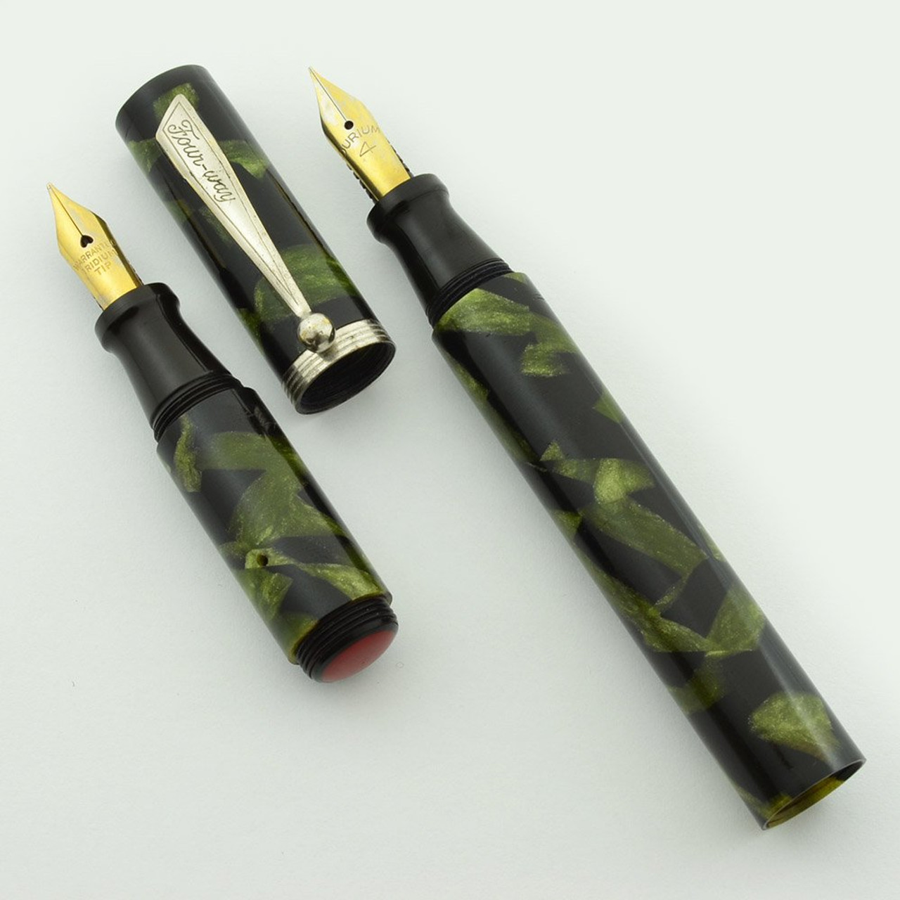 Four-Way Two-Nibbed Fountain Pen (Rare) - Green Marble, Steel NIbs (Excellent, Restored)