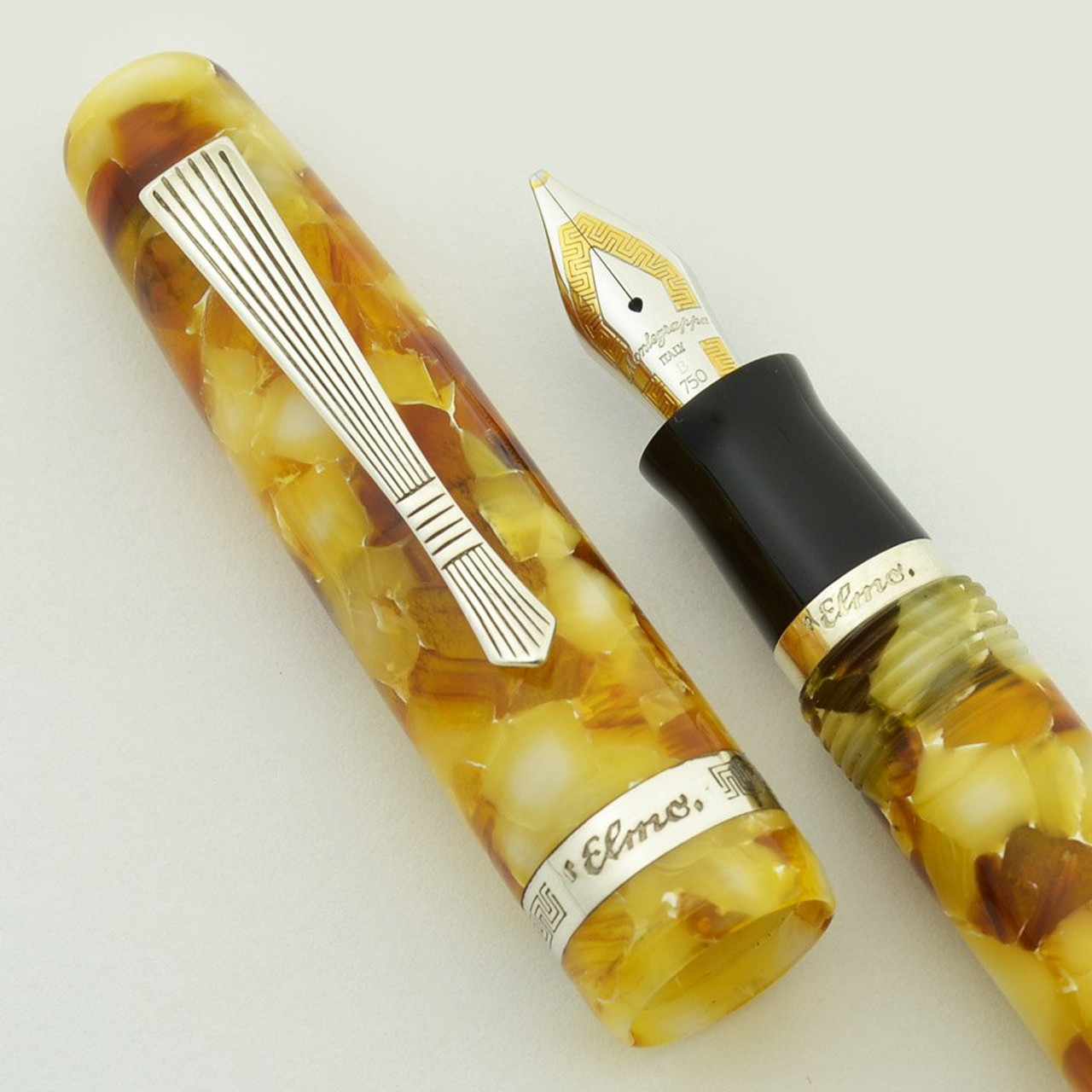 Montegrappa Elmo Fountain Pen - Amber Marble, 18k Broad Italic Nib (Near Mint in Box, Works Well)