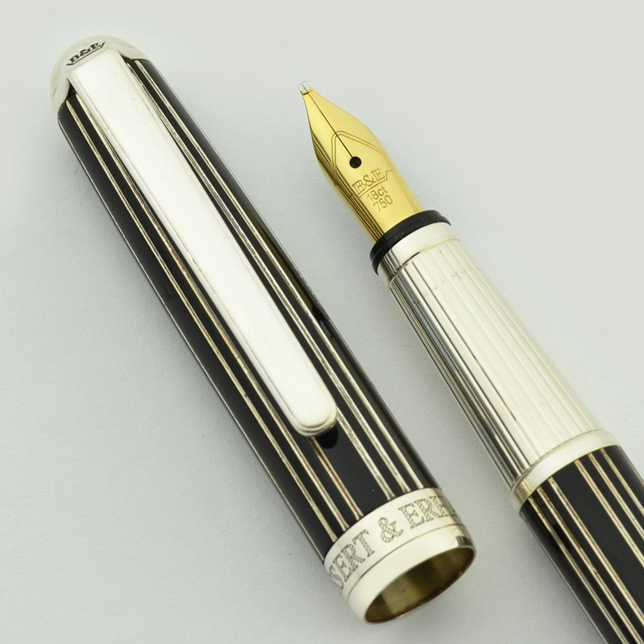 Bossert & Erhard Fountain Pen - Sterling w Black Lacquer, Pinstripe, 18k Broad Nib (Excellent in Box, Works Well)