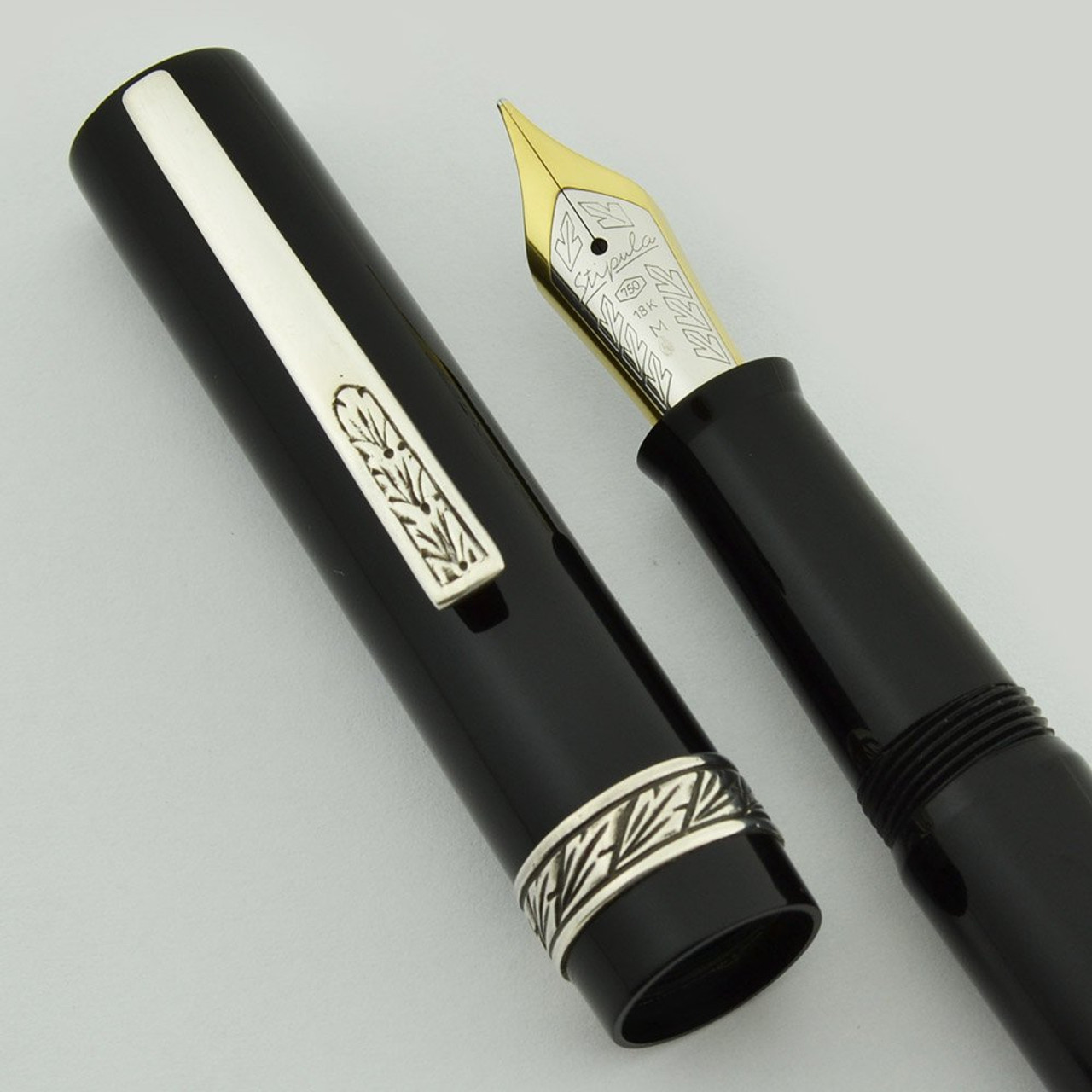 Stipula Florentia Fountain Pen - Large Size, Black Celluloid, Sterling Trim, 18k Medium Nib (Excellent + in Box, Works Well)