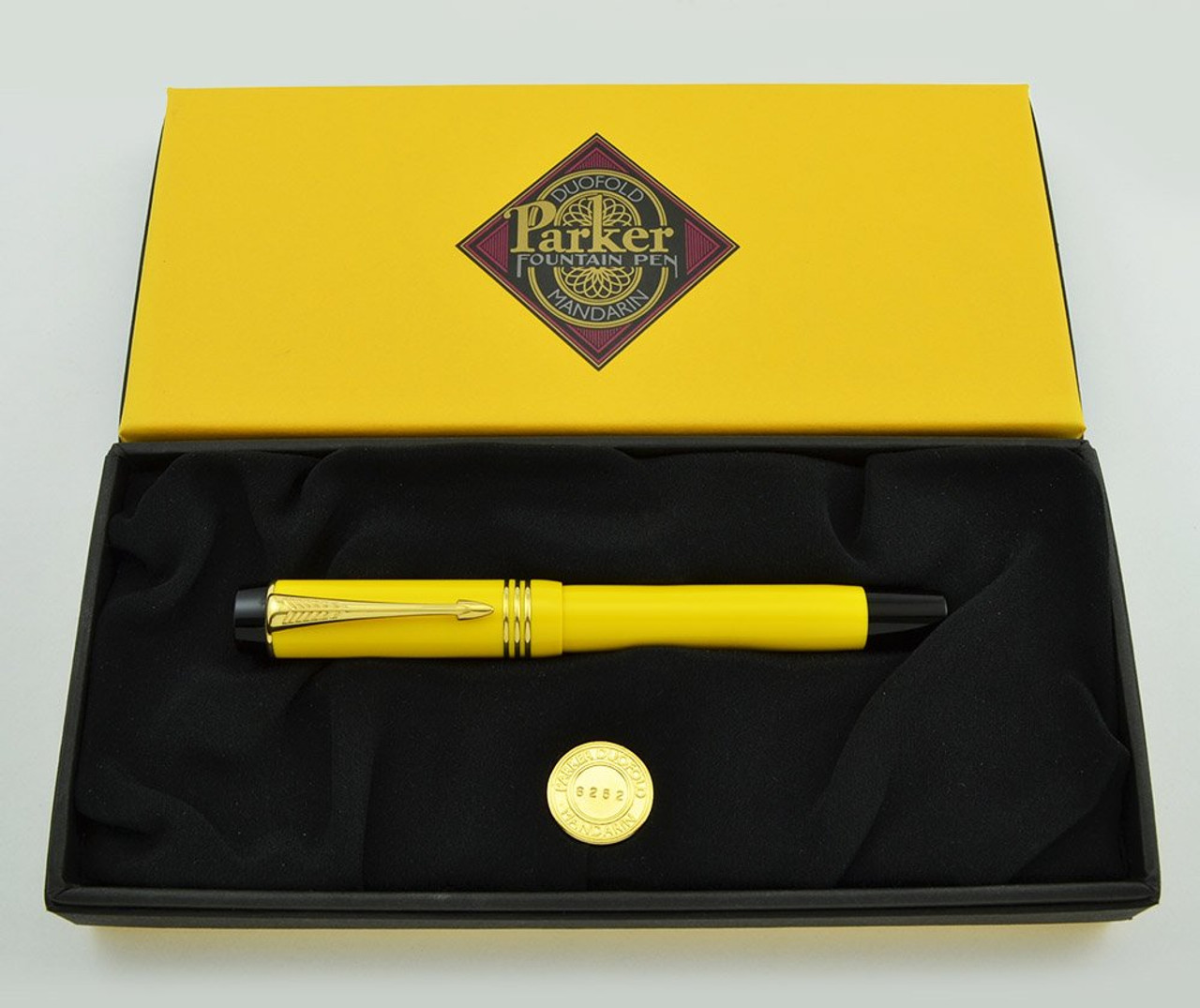 Parker Duofold Centennial LE Fountain Pen (1995) - Mandarin (Yellow), Fine Italic 18k Nib (Near Mint in Box, Works Well)