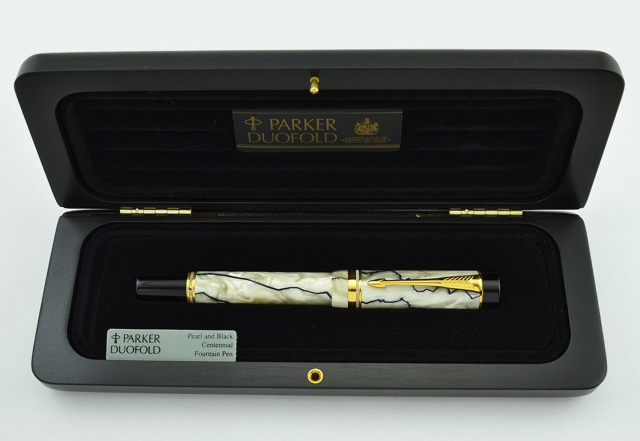 Parker Duofold Centennial Fountain Pen (1996) - Black & Pearl, 18k Italic  (Near Mint in Box, Works Well) - Peyton Street Pens