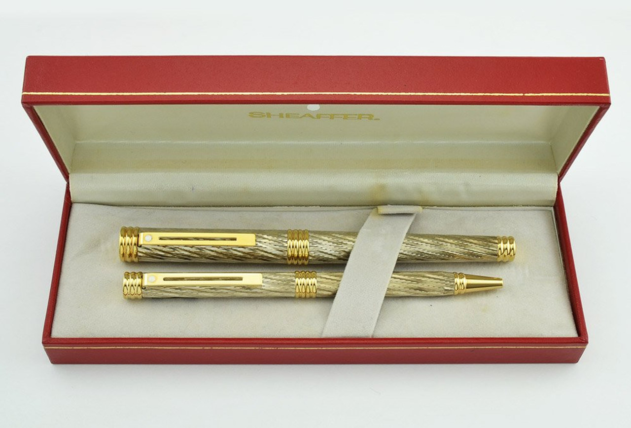Sheaffer Targa 1090 Fountain Pen Set - Fred Force 10, Palladium Plated Cable Pattern, 18k Fine (Mint in Box)