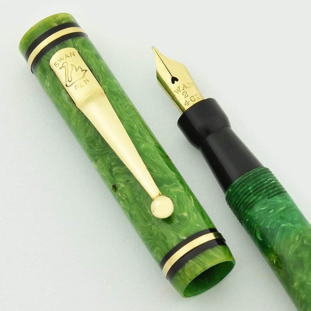 Mabie Todd Swan 242/50 Fountain Pen - Jade Green w Black Bands