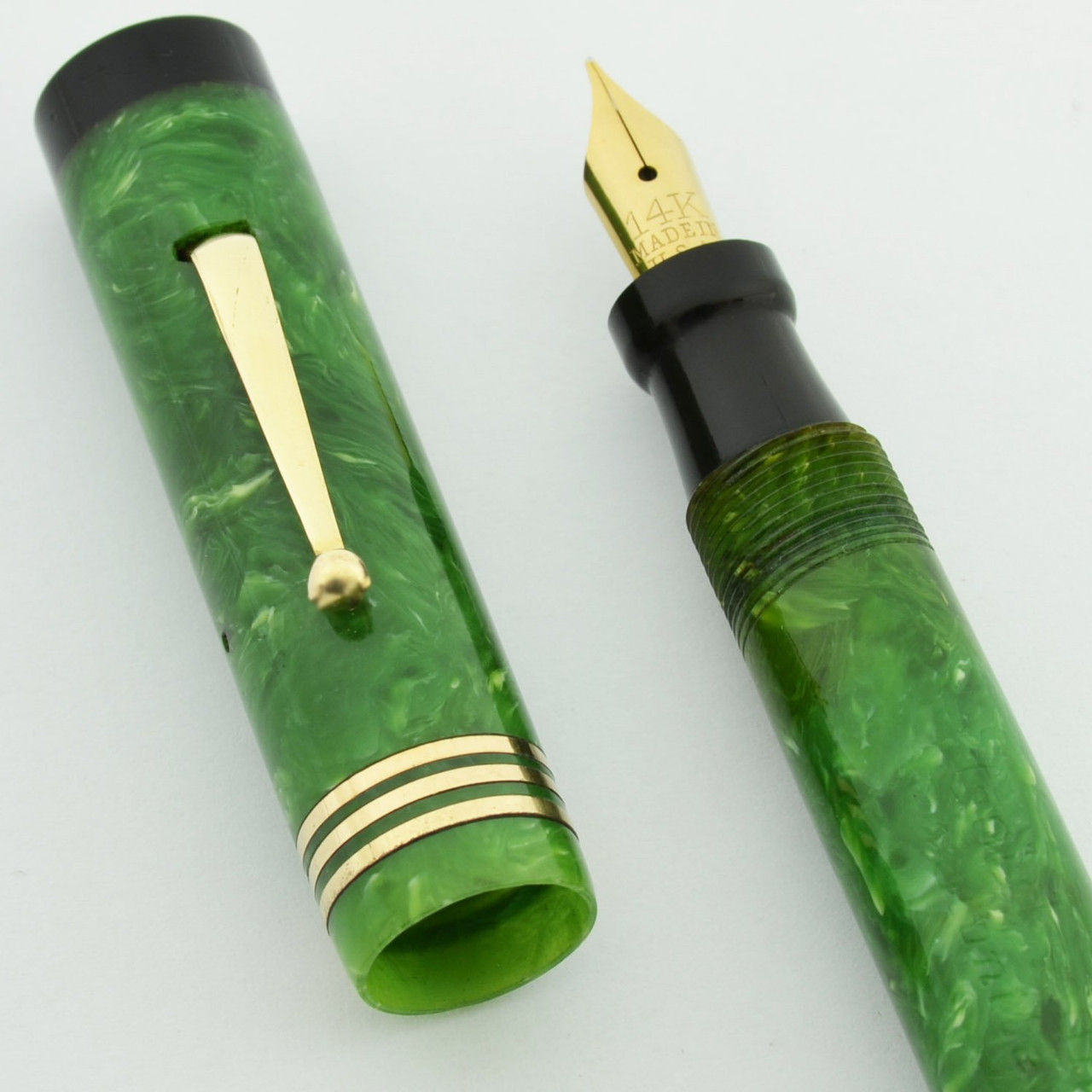 Gold Bond Stonite - Flat Top Junior, Jade w Black End Caps, Fine 14k Nib (Excellent, Restored)