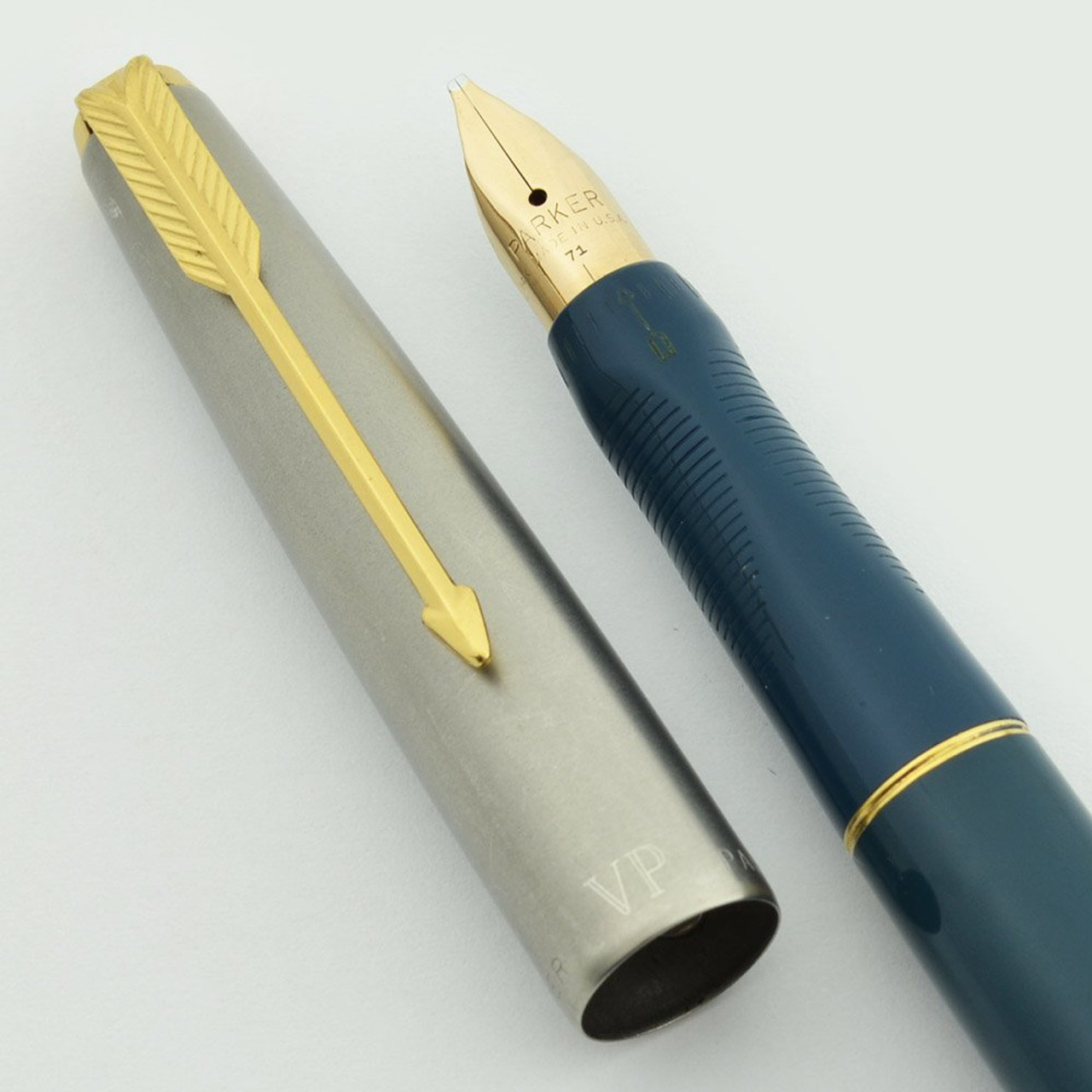 Parker VP Fountain Pen - Blue, Lustraloy Cap, 14k Medium Stub #71 Nib (Excellent +, Works Well)