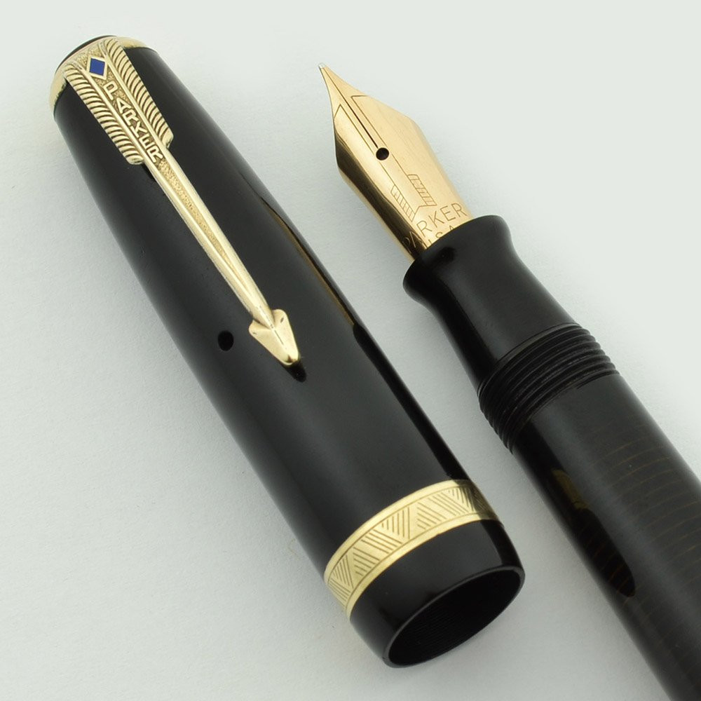 Parker Vacumatic Major Fountain Pen (1944) - Laminated Black, Blue Diamond Clip, Fine 14K Nib (Excellent +, Restored)
