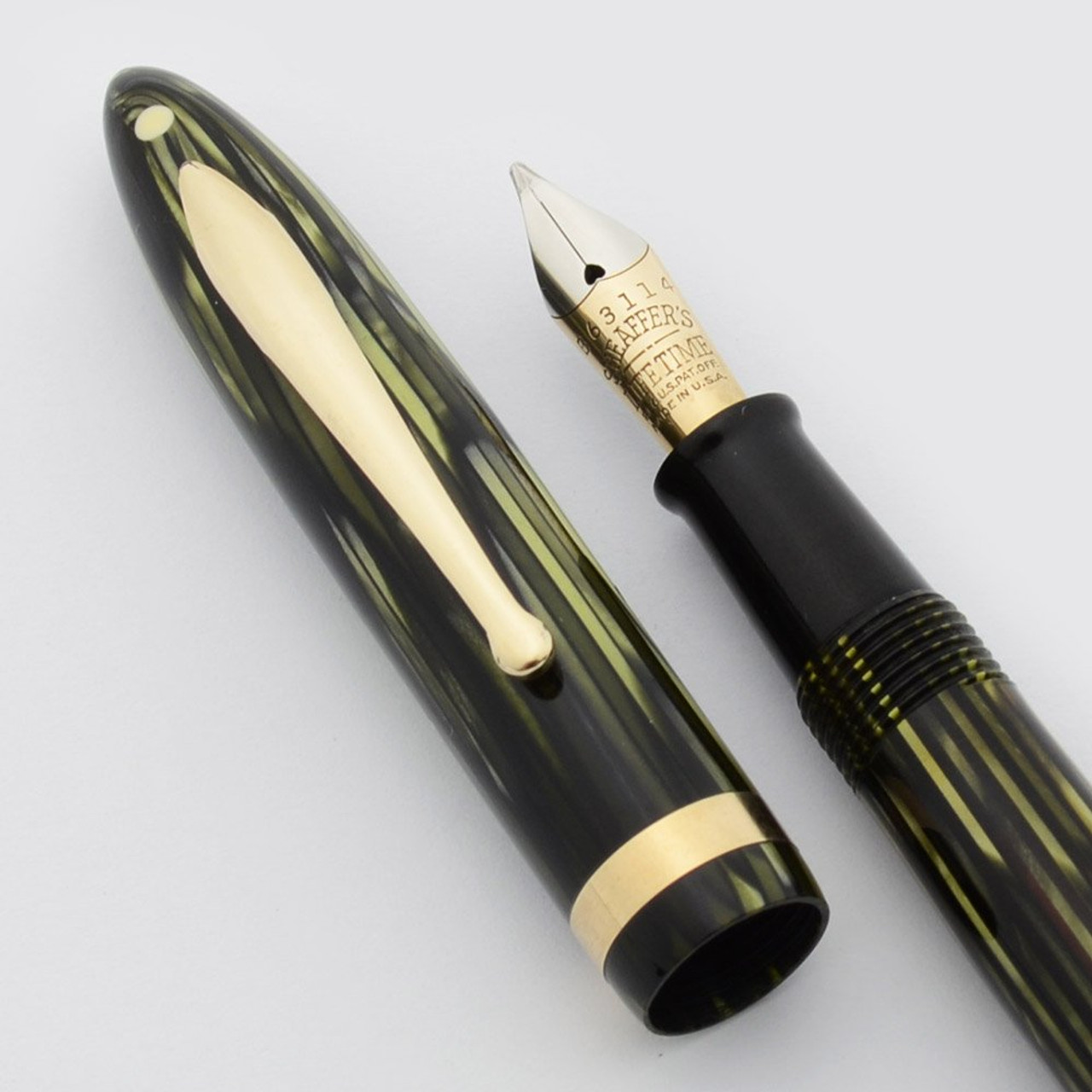 Sheaffer Balance Lifetime Fountain Pen - Green Striated, Vac-Fill, Cursive Italic 14k Nib (Excellent, Restored)