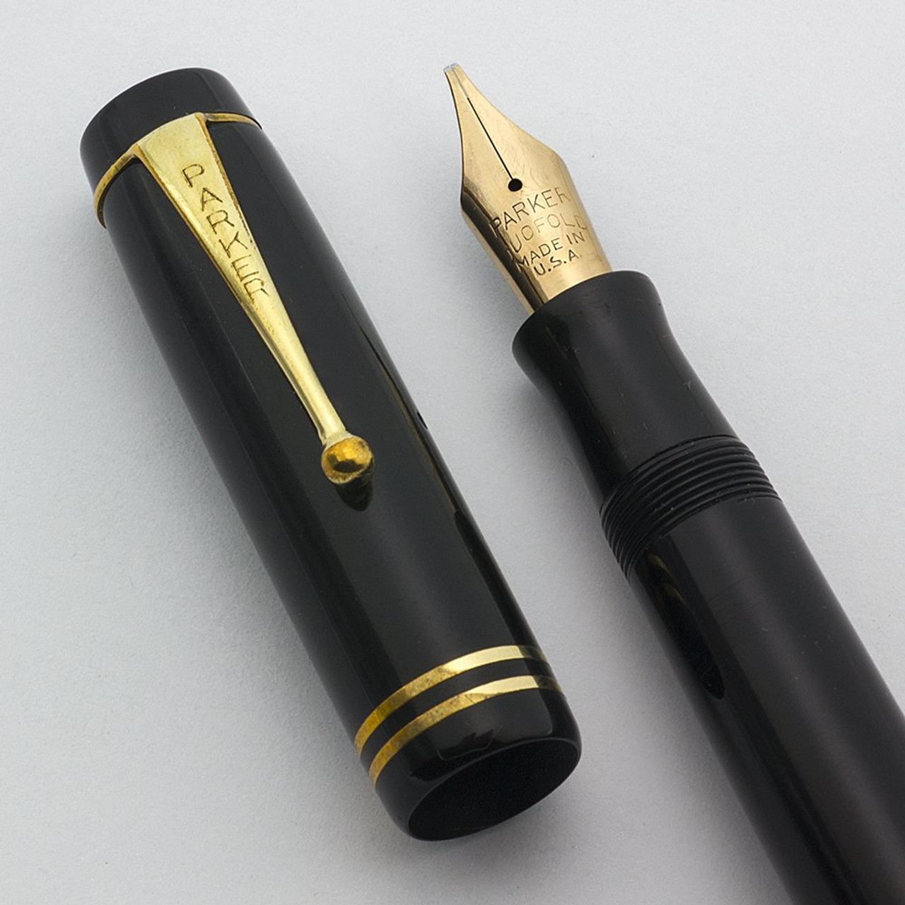 Parker Duofold Senior Fountain Pen (Streamlined) - Black, Broad Stub (Excellent, Restored)