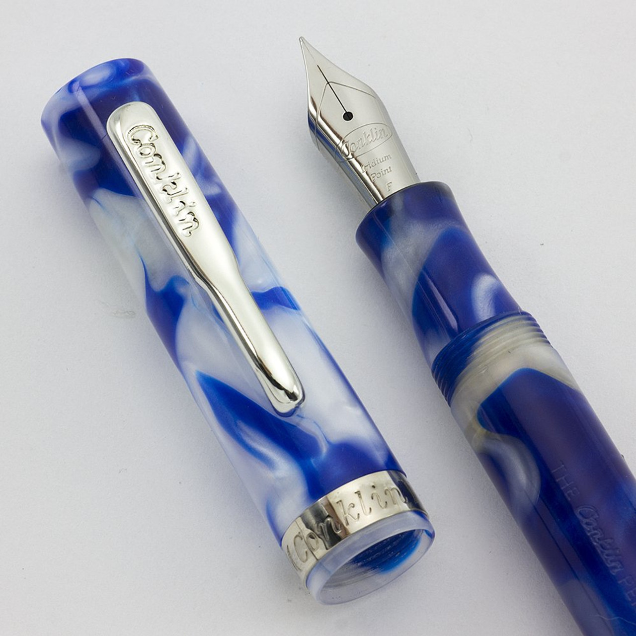 Conklin Glider Modern Fountain Pen - Blue & White, Fine Steel Nib (Near Mint, Works Well)