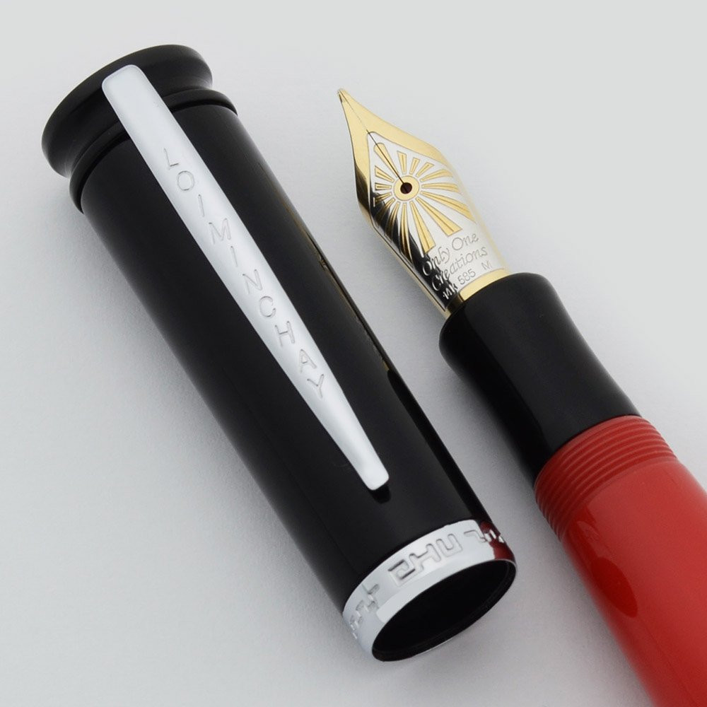 Loiminchay Mini Qian Long Fountain Pen - Red & Black, White Gold Plated Trim, 14k Medium Nib (Near Mint, Works Well)