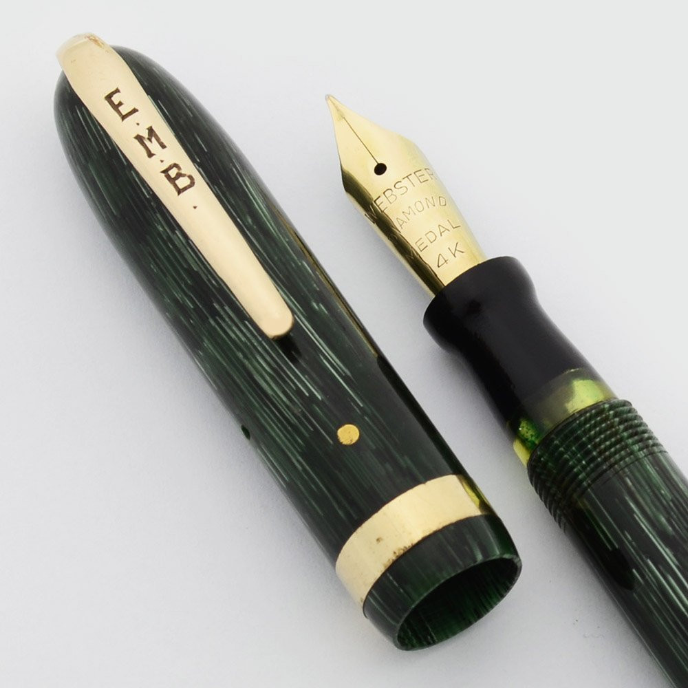 Webster Fountain Pen - Green Striated Celluloid, Twist Filler, 14k Medium Nib (Excellent, Restored)