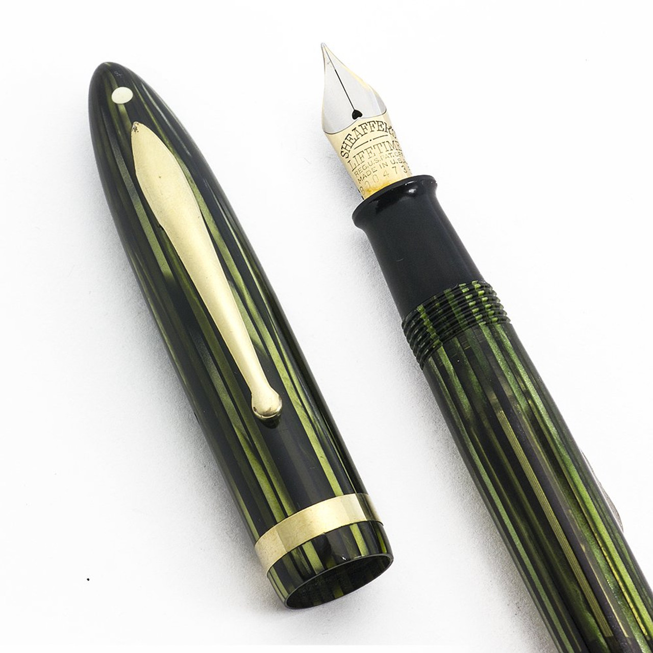 Sheaffer Balance Lifetime Fountain Pen - Full Size, Green Striated, Radius Clip, Vac-Fill, Fine Nib (Superior, Restored)