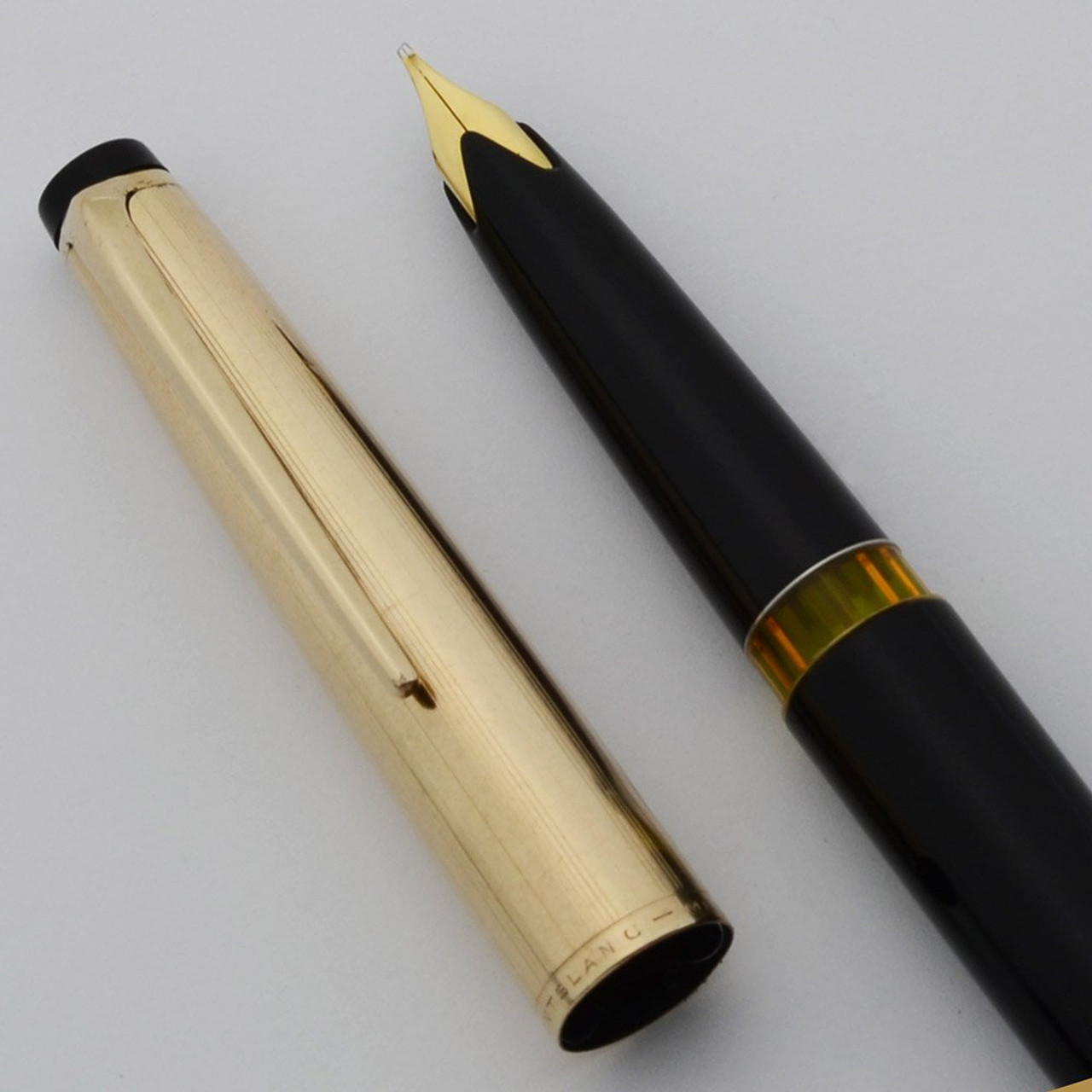 Montblanc 72 Fountain Pen (1950s) - Black, GF Cap, Piston Fill, 18k Oblique Broad Nib (Very Nice, Works Well)