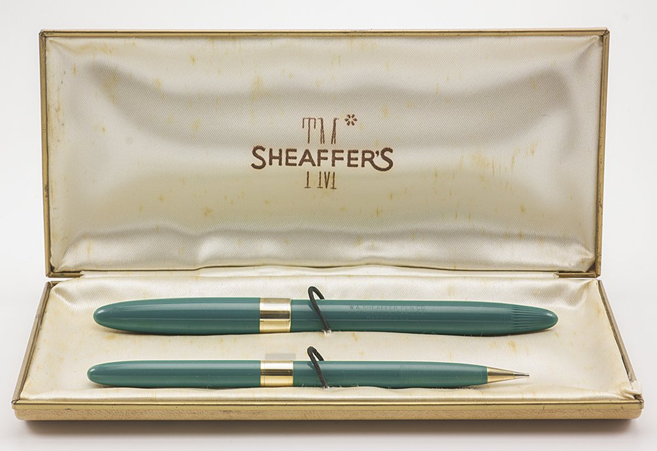 Sheaffer Valiant Snorkel Set - Pastel Green, First Year w 14k Gold Tube, Fine (Excellent+ in Box, Restored)