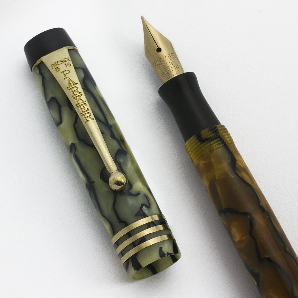 Parker Duofold Junior Fountain Pen - Streamline, Black and Pearl, Fine (Excellent, Restored) - 13803