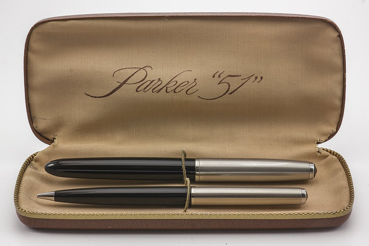 Parker 51 Aerometric Demi Pen Set (Post 1952) - Black, Lustraloy Cap, 0.9mm Lead, Fine Octanium Nib (Excellent + in Box, Work Well)