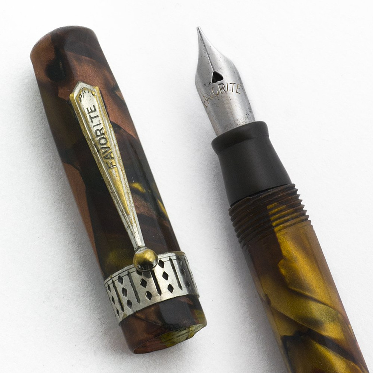 Favorite Fountain Pen - Tiny, Marbled Amber, Fine Steel Nib (Excellent, Restored)