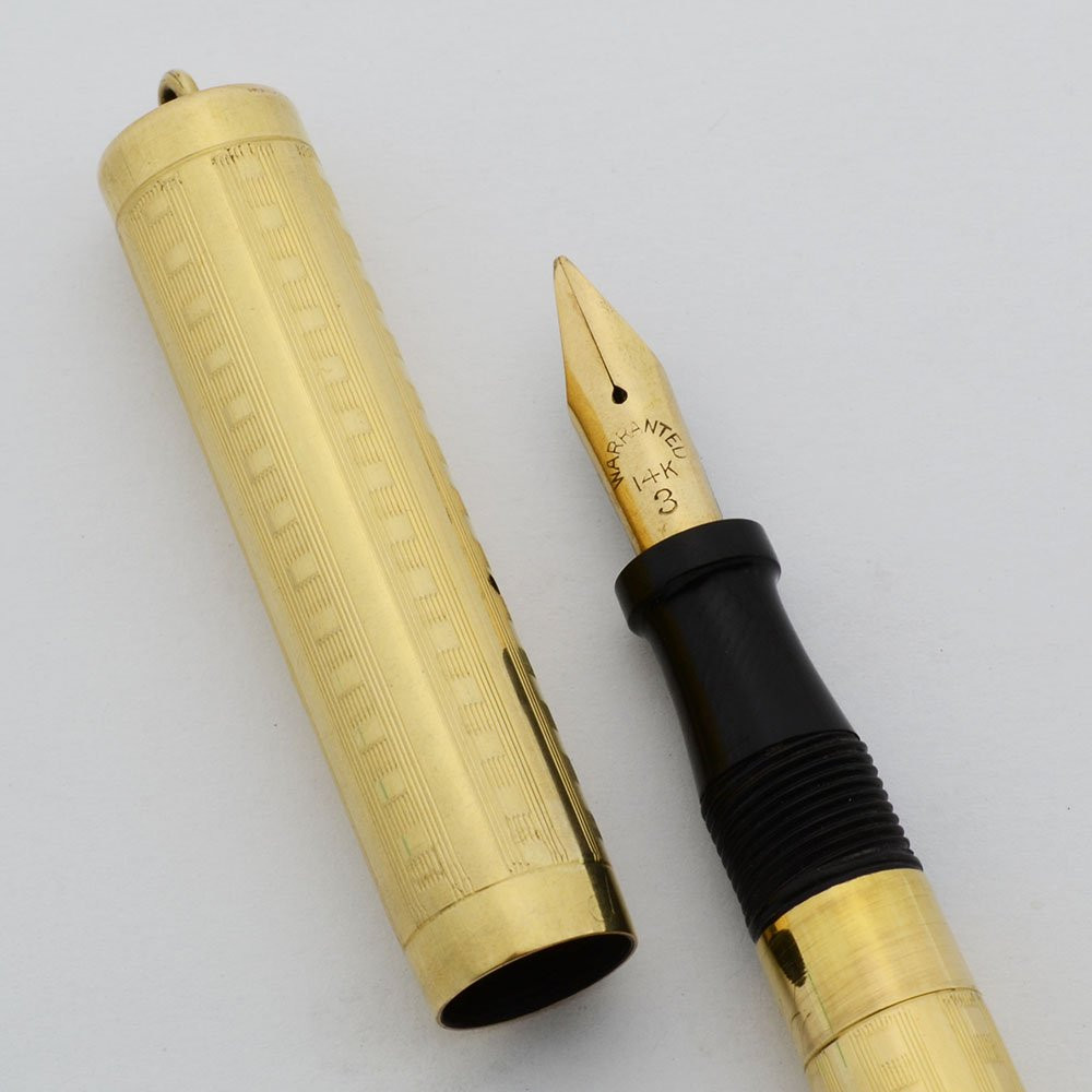 Unknown Maker Fountain Pen - Ring Top, Gold Filled Squares, Lever Filler, Flexible Fine 14k Nib (Excellent, Restored)
