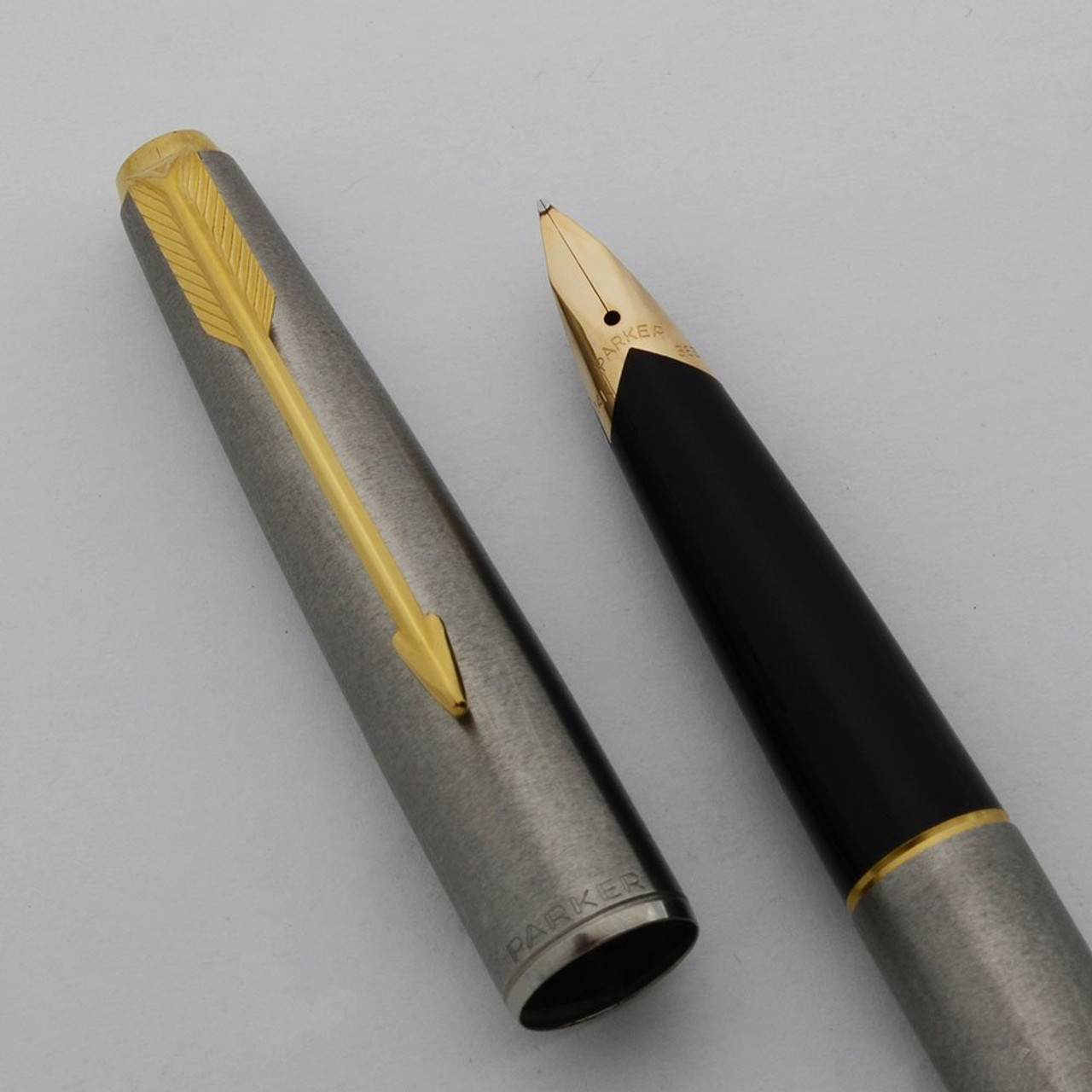 Parker 65 Flighter Deluxe Fountain Pen - Brushed Steel, GP Trim, Broad 14k Nib (Superior, Works Well)