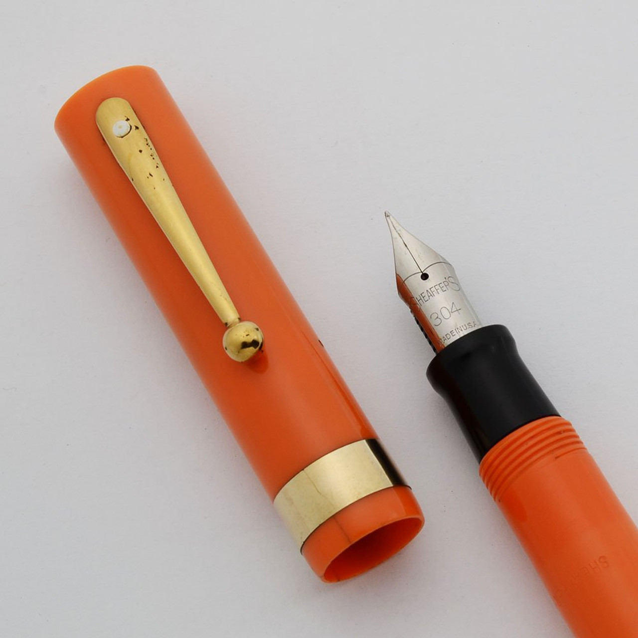 Sheaffer "Guys and Dolls" White Dot Fountain Pen - "Guys" Version, Turned on Orange, Steel 304 Nib (Very Nice, Works Well)